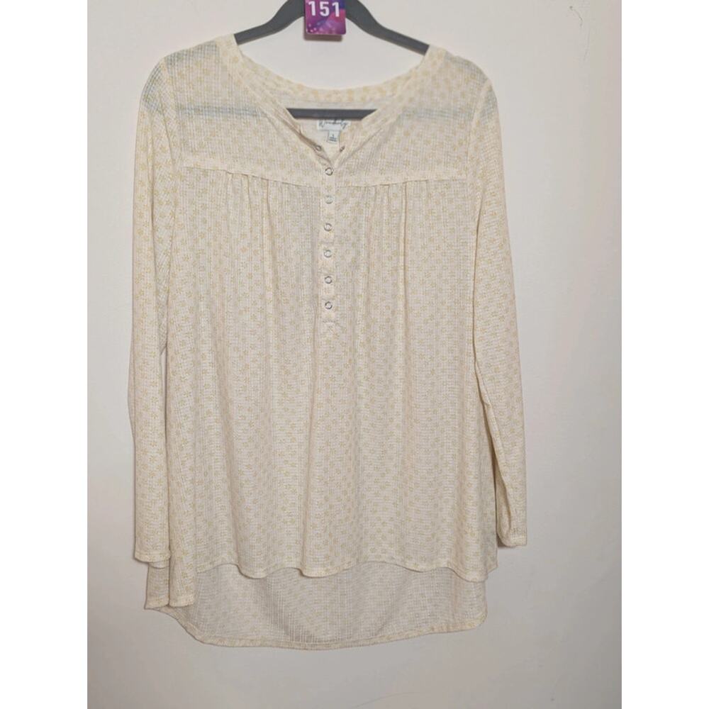 Wonderly Cream Floral Waffle Knit Tunic Top Long Sleeve Boho Cottagecore NWT Lg